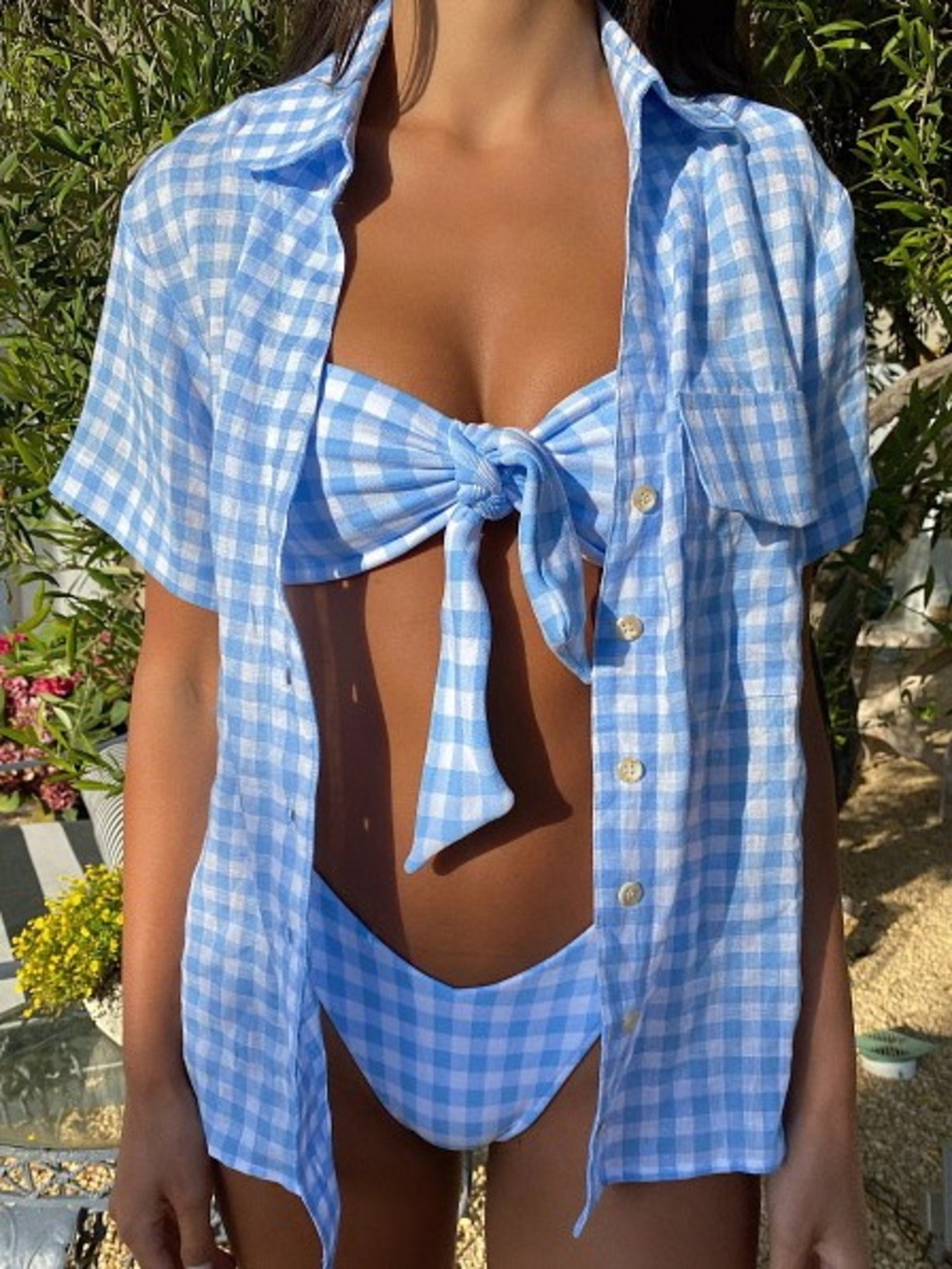 Frankies Bikinis blue and white gingham checked 100% linen short-sleeve size L